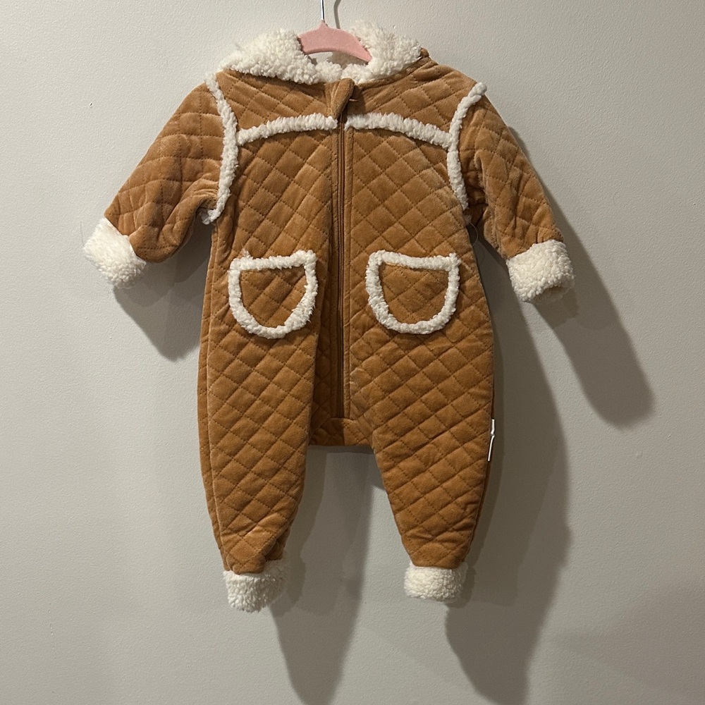Warm Quilted Brown Kids  Hooded Onepiece with Sherpa Detail